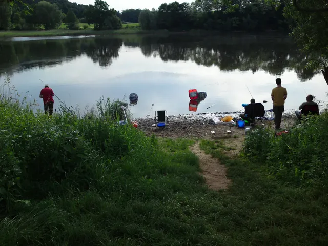 Mehrere Menschen sitzen und stehen am Ufer eines ruhigen Sees und angeln, umgeben von grüner Natur.