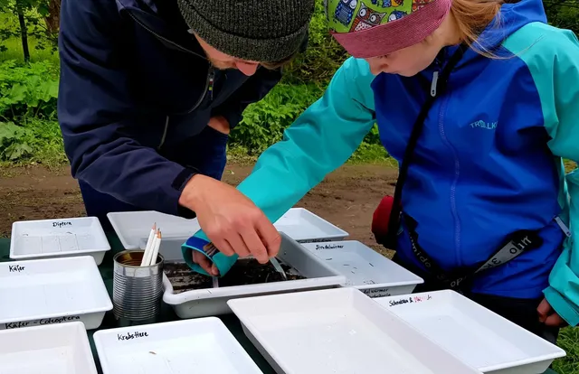 Zwei Personen stehen an einem Tisch mit mehreren weißen Tabletts und säen Samen in Erde.