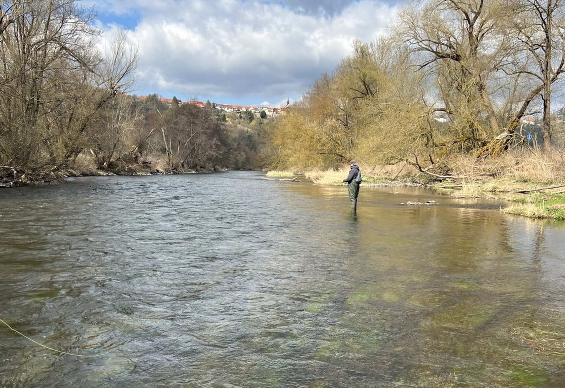 Ein Fliegenfischer steht im seichten, klaren Wasser der Saale – im Hintergrund blitzen zwischen Bäumen erste Frühlingsfarben und eine Ortschaft hervor.