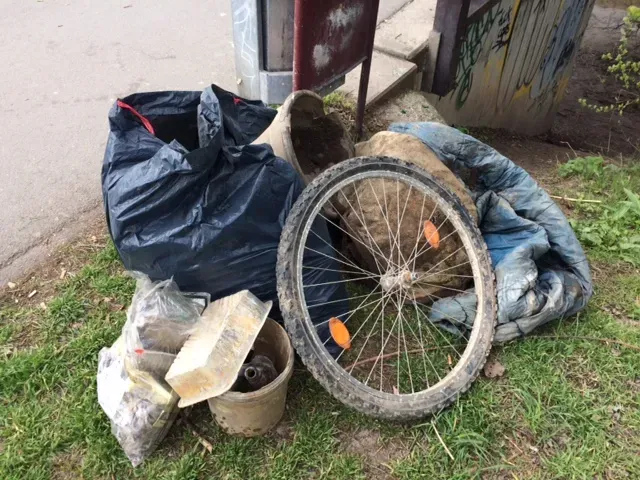 Mehrere Müllsäcke, ein altes Fahrradreifen und weiterer Unrat liegen auf einer Grünfläche am Straßenrand.