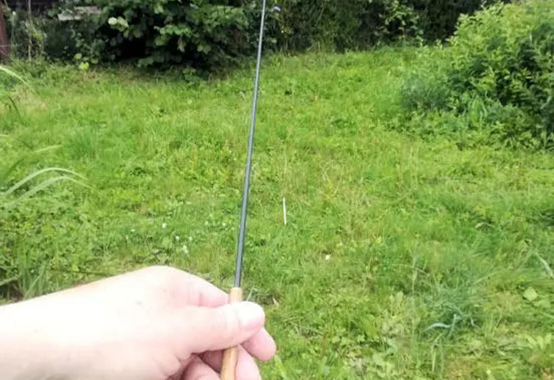 Eine Hand hält eine dünne, lange Metallstange mit Holzgriff auf einer Wiese im Garten.