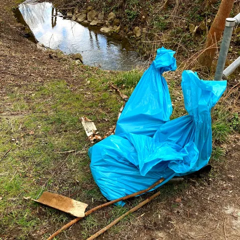 Zwei blaue Müllsäcke und einige Metallteile liegen am Rand eines kleinen Bachs auf einer Wiese.