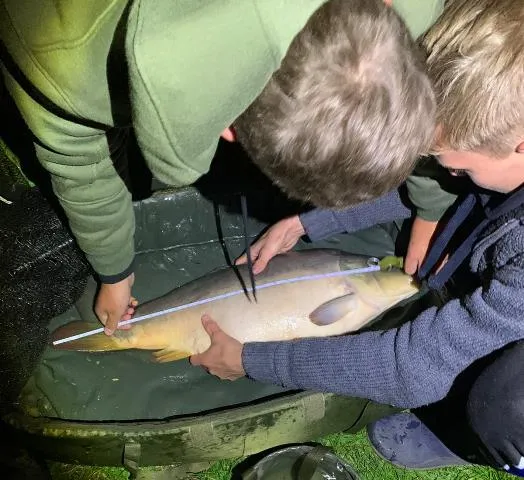 Zwei Jungen messen einen großen Krapfen mit einem Maßband.