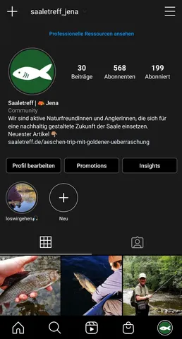 Instagram-Profilseite von "saaletreff_jena" mit Fisch-Logo, 30 Beiträgen, 568 Abonnenten und 199 abonnierten Profilen; Beschreibung über nachhaltiges Angeln an der Saale.