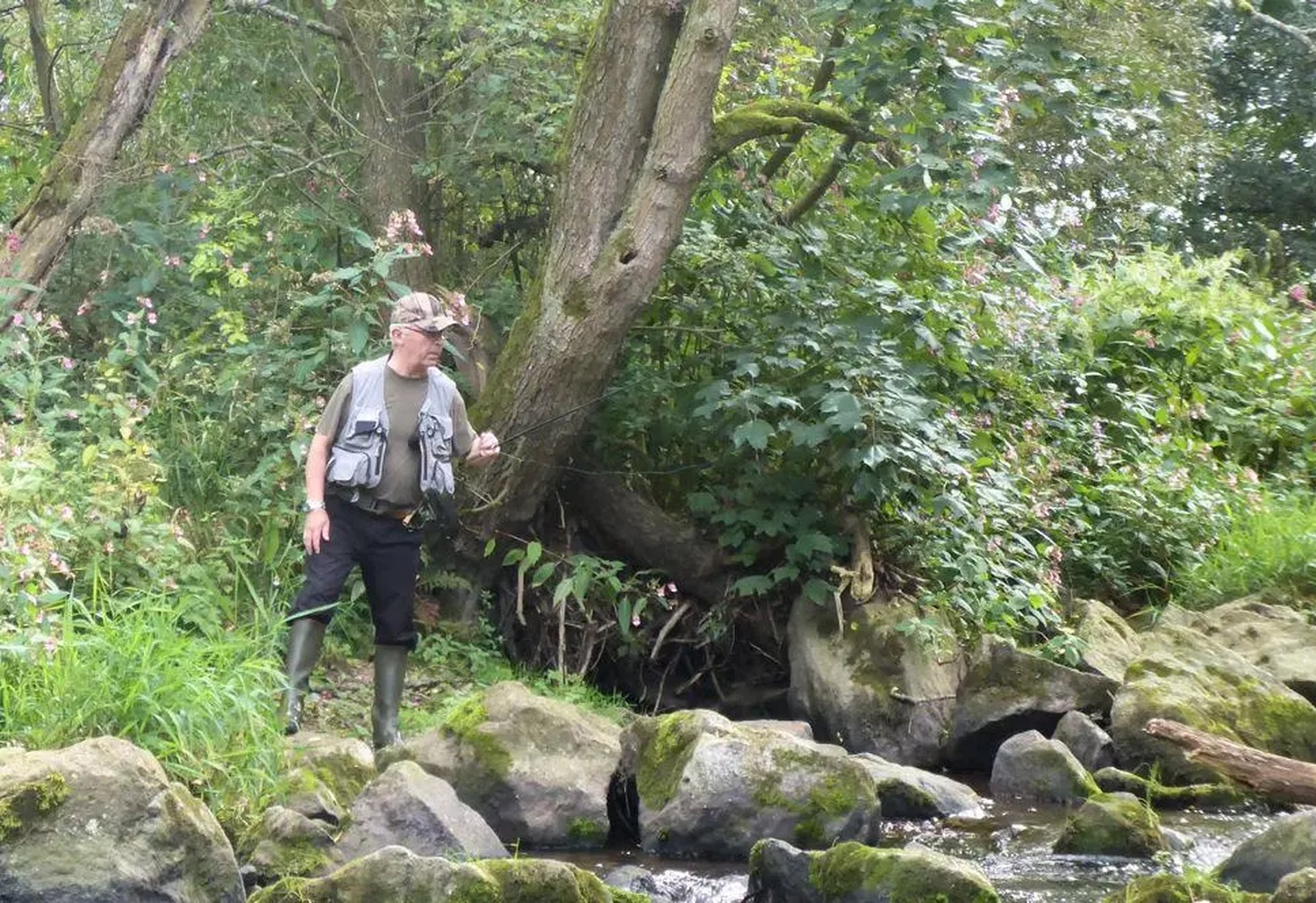 Ein Mann steht mit Anglerausrüstung am Ufer eines bewachsenen Bachs zwischen Felsen und Bäumen.