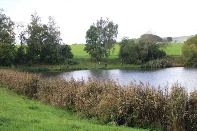 Ein kleiner See mit Schilf am Ufer, dahinter grüne Wiesen, Bäume und einige Menschen am gegenüberliegenden Ufer.