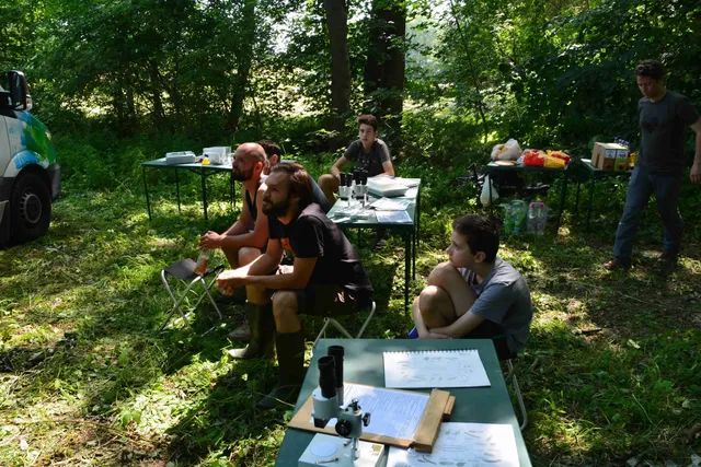 Mehrere Personen sitzen an Tischen und auf Hockern im schattigen Wald, umgeben von Papier, Getränken und Ausrüstung, und wirken konzentriert.