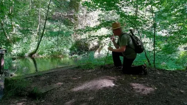 Ein Mann mit Rucksack und Wanderstock kniet auf einem Waldboden am Ufer eines kleinen Flusses.
