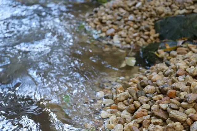 Flacher Bach fließt an einem Ufer mit kleinen, runden Kieselsteinen entlang.