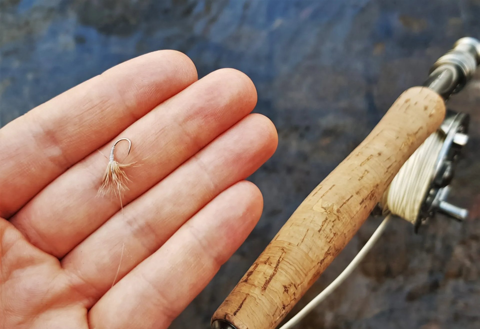 Eine Hand hält eine kleine Fliegenfischer-Kunstfliege, daneben liegt eine Angel mit Korkgriff.