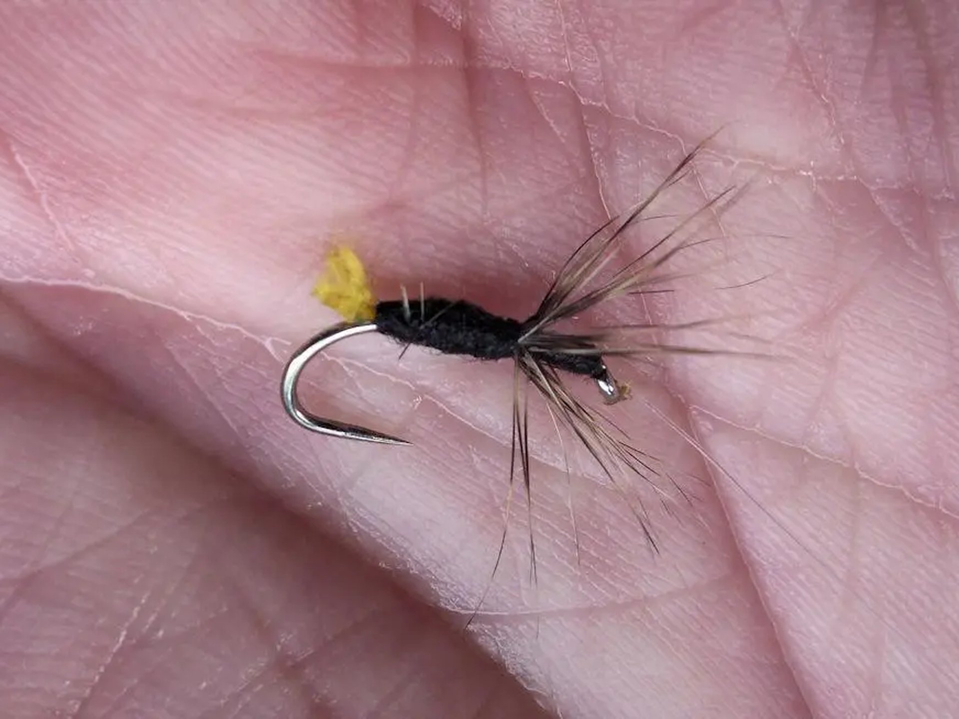 Kleine Fliegenfischer-Kunstfliege mit schwarzem Körper, gelbem Punkt und Federborsten liegt auf einer geöffneten Hand.