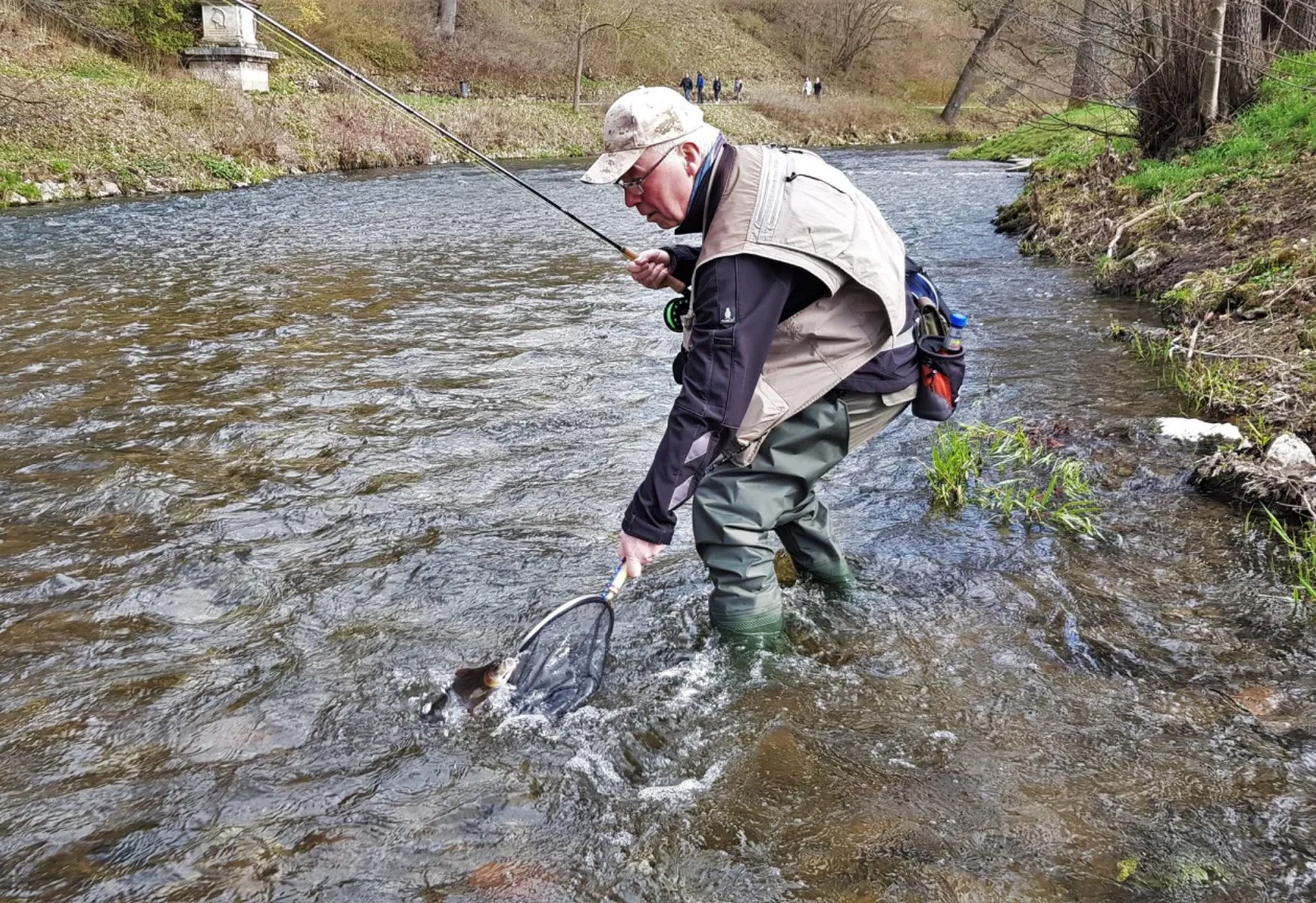 Ein Angler steht im flachen Flusswasser und fängt mit einem Kescher einen Fisch.