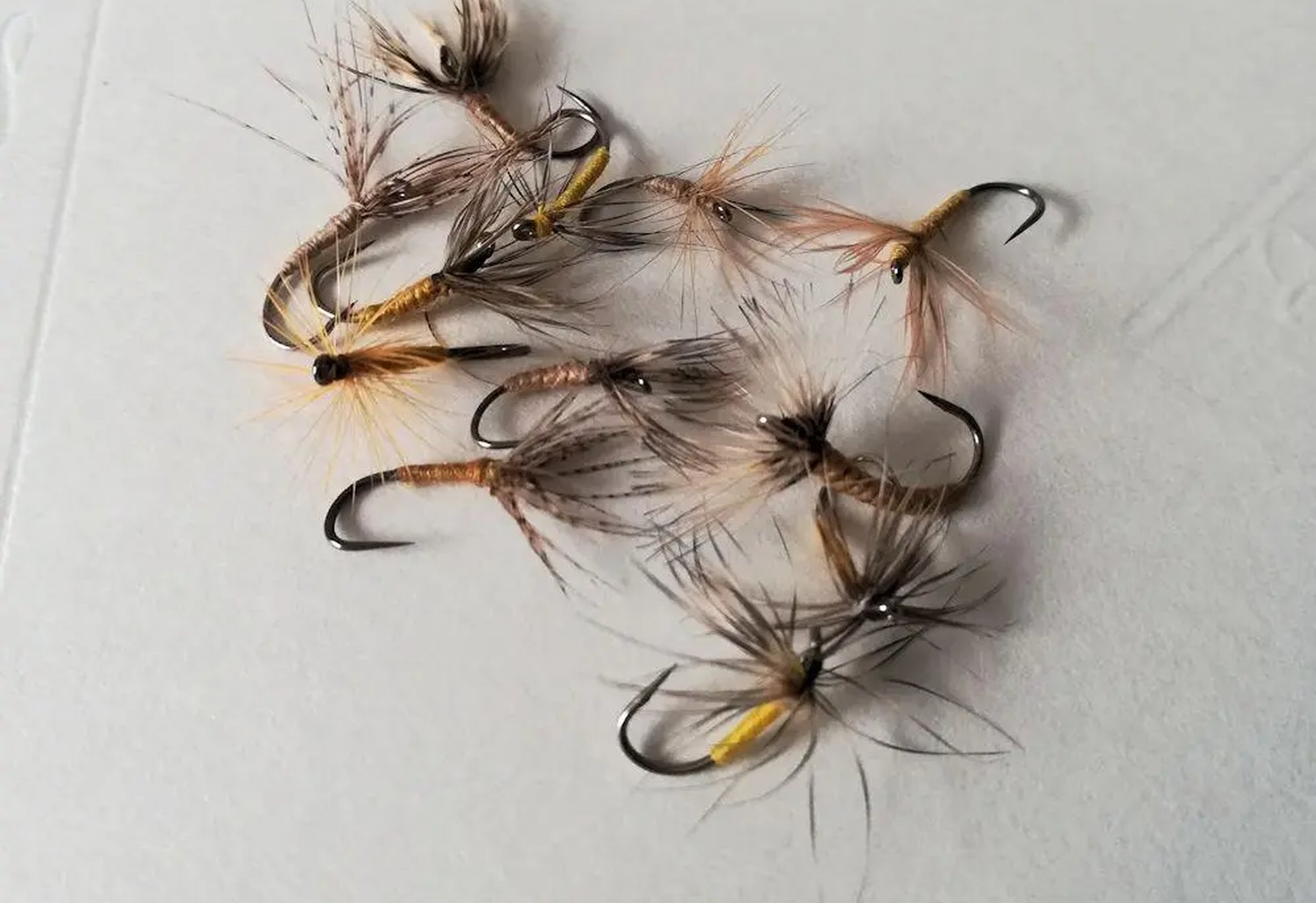 Mehrere künstliche Fliegenköder mit Federn liegen auf einer hellen Oberfläche.