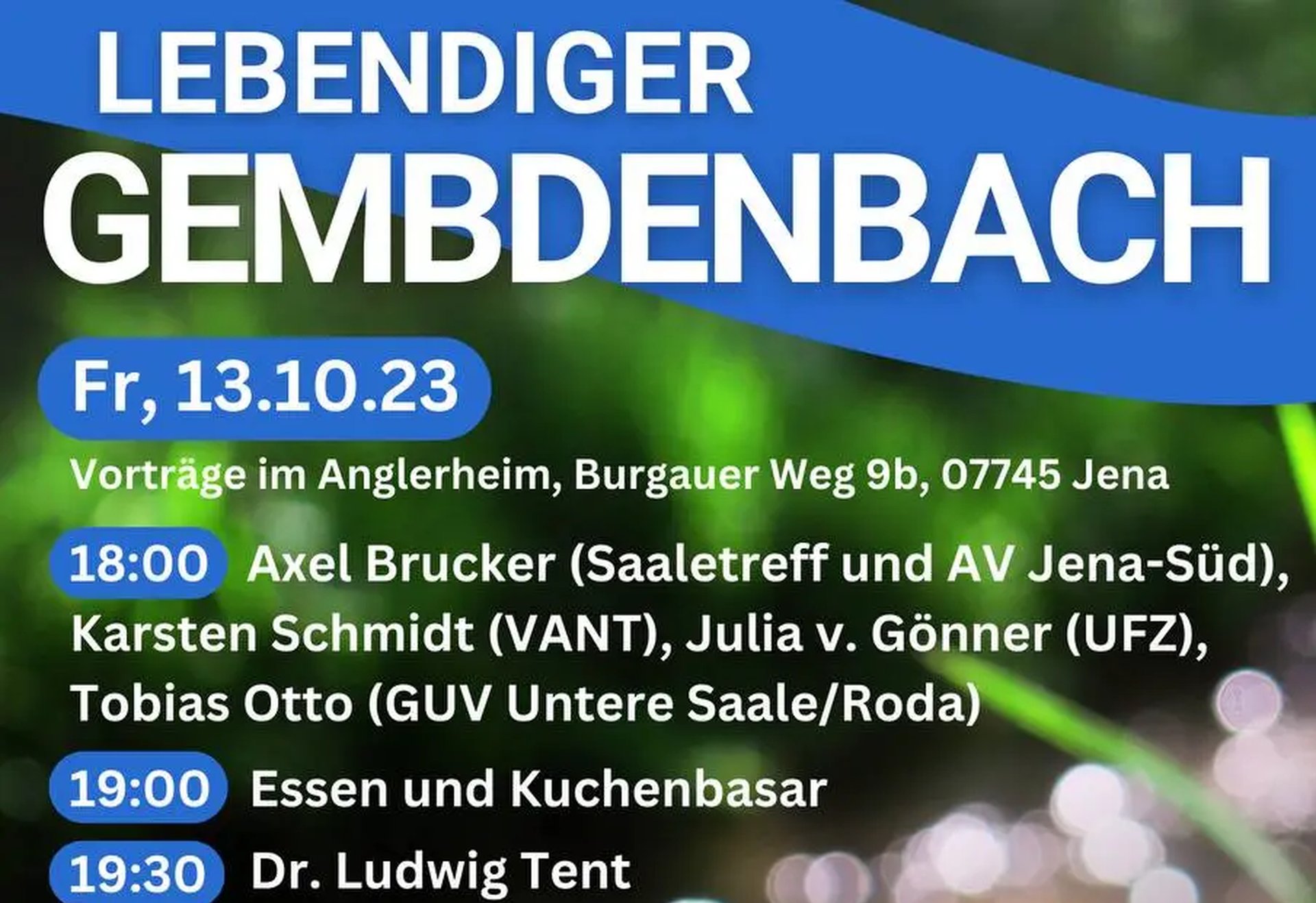 Veranstaltungsplakat für "Lebendiger Gembdenbach" mit Terminen am 13. und 14. Oktober 2023 in Jena, Informationen zu Vorträgen, Maßnahmen am Bach, Essensbasar, QR-Code und Logos der Veranstalter.