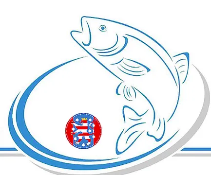 Strichzeichnung eines springenden Fisches auf einem Kreis, darunter das Wappen von Thüringen.