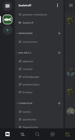 Screenshot eines Discord-Servers mit dem Namen "Saaletreff" und einer Liste von Kanälen zu verschiedenen Themen rund ums Angeln.