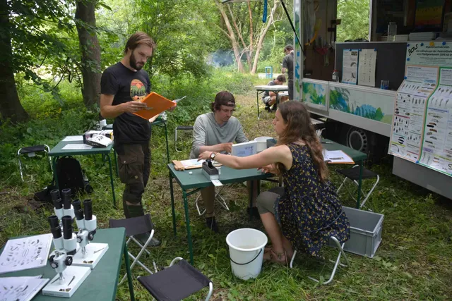 Drei junge Menschen führen draußen an Tischen mit Mikroskopen und Unterlagen wissenschaftliche Untersuchungen durch.