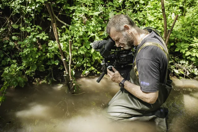 Ein Mann steht knietief im Wasser und filmt mit einer Kamera inmitten dichter, grüner Vegetation.