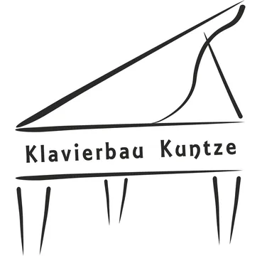 Strichzeichnung eines Flügels mit dem Text "Klavierbau Kuntze".