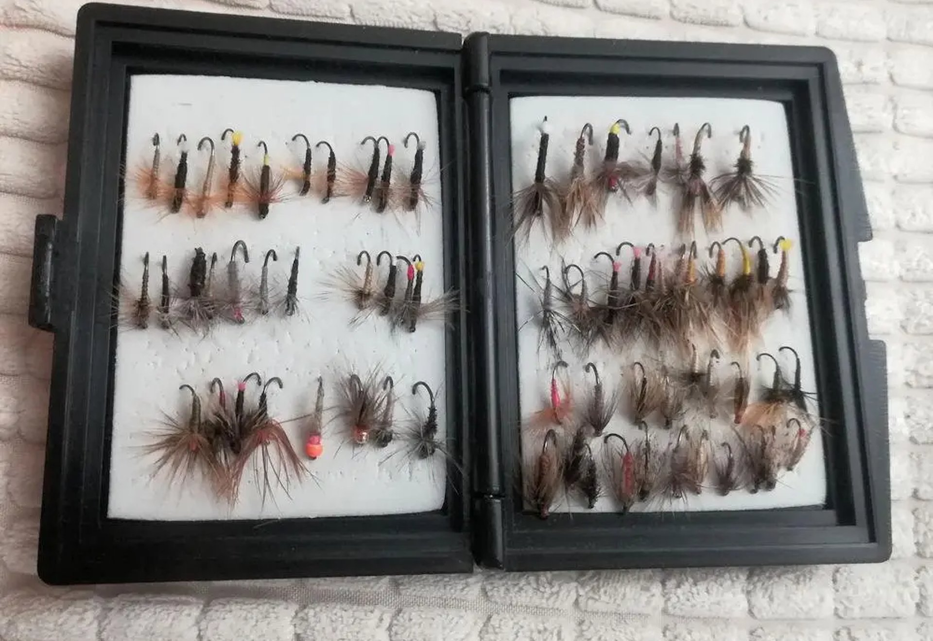 Geöffnete Fliegendose mit verschiedenen künstlichen Fliegen zum Fliegenfischen.