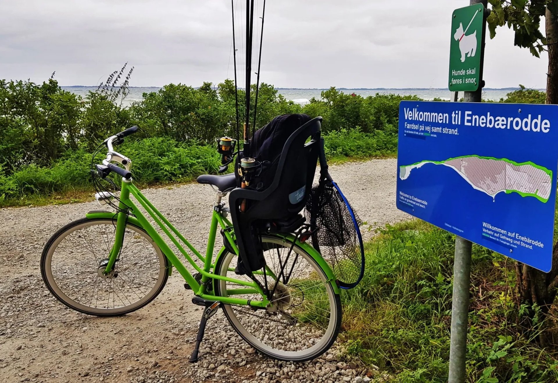 Ein grünes Fahrrad mit Kindersitz steht an einem Weg neben einem Schild mit der Aufschrift „Velkommen til Enebærodde“ und einer Landkarte; im Hintergrund sind Büsche und Wasser zu sehen.